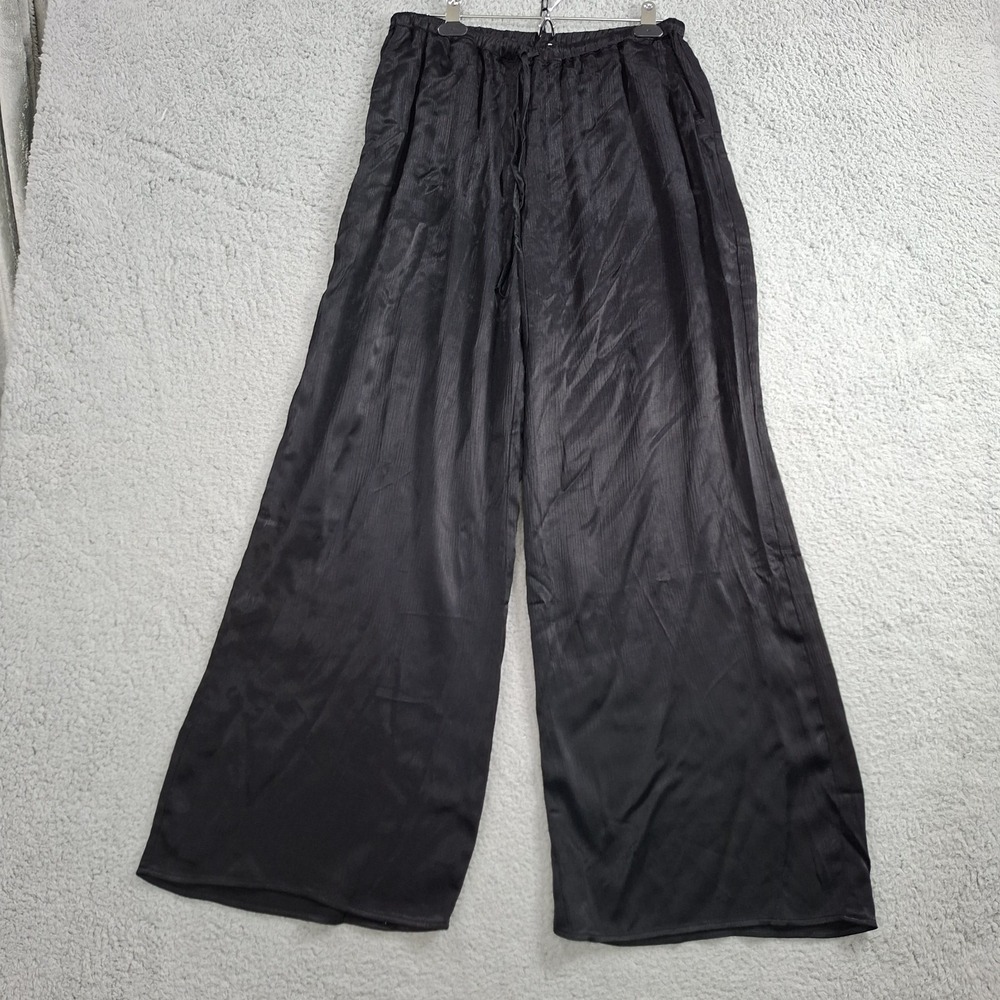 Nation LTD Womens Slippery Satin Elastic Waist Wide Leg Pants Crinkle Black L